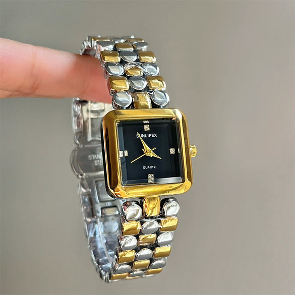 Wholesale Women's Quartz Watch Square Goldtone Steel Band Diamondencrusted With Motherofpearl Square Dial
