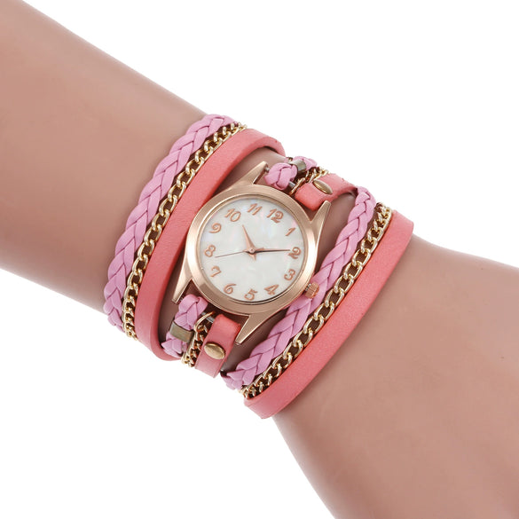 Wholesale Women's Quartz Winding Fashion Hand Woven Watch Alloy Case Imitation Leather Strap Round Dial