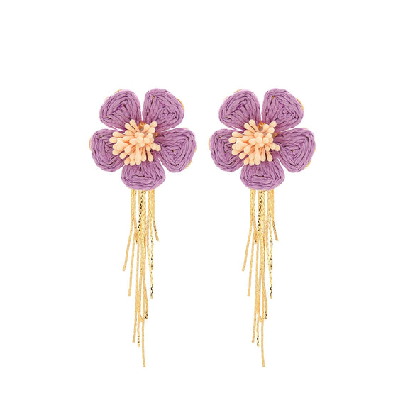 Wholesale Women's Raffia Flower Hand Knitted Tassel Earrings