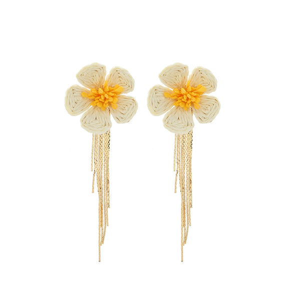 Wholesale Women's Raffia Flower Hand Knitted Tassel Earrings