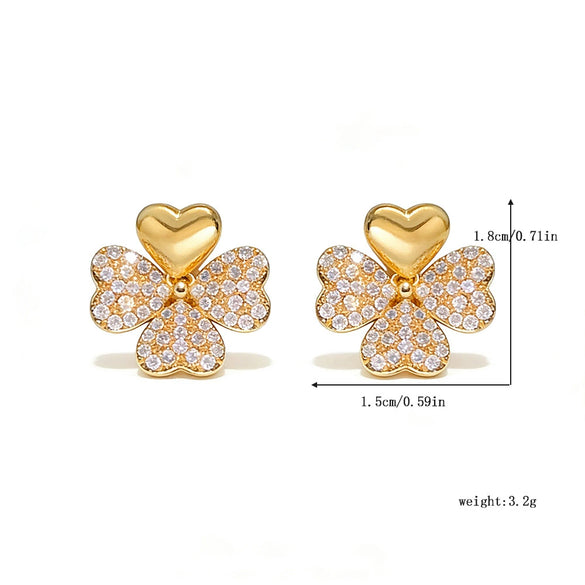 Wholesale Women's Real Gold Electroplated Diamondstudded Copper Earrings With Fourleaf Clover And Four Heart Shapes