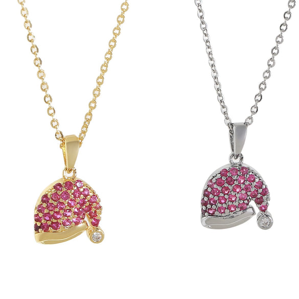 Wholesale Women's Red Zircon Inlaid Copper Goldplated Christmas Hat Pendant Necklace With O Word Chain