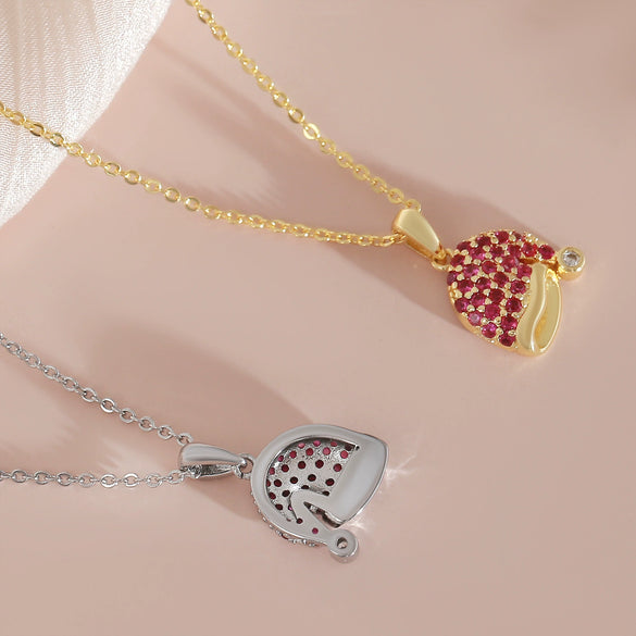 Wholesale Women's Red Zircon Inlaid Copper Goldplated Christmas Hat Pendant Necklace With O Word Chain