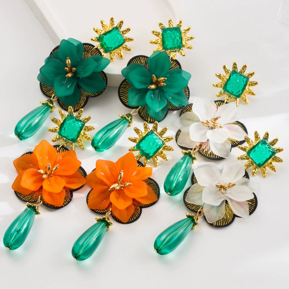 Wholesale Women's Resin Flower Pendant Earrings With Microinlay Creative Exaggerated Multilayer Design