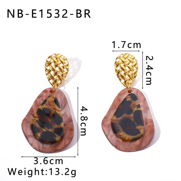 Wholesale Women's Resin Geometric Water Drop Pendant Leopard Earrings In Stainless Steel With 18K Vacuum Plating In Furnace