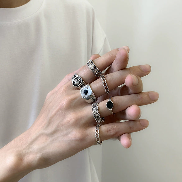 Wholesale Women's Retro Alloy Geometric Ring Set With Black Drop Glaze Zircon And Electroplating Treatment
