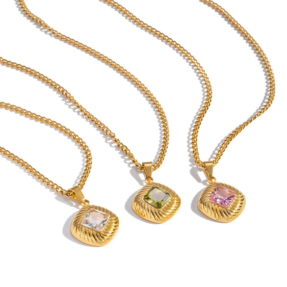 Wholesale Women's Retro Ancient Style Geometric Pattern Square Striped Lace Inlaid Zircon Pendant Necklace With 18K Real Gold Plating And Pvd Furnace Vacuum Real Gold Plating