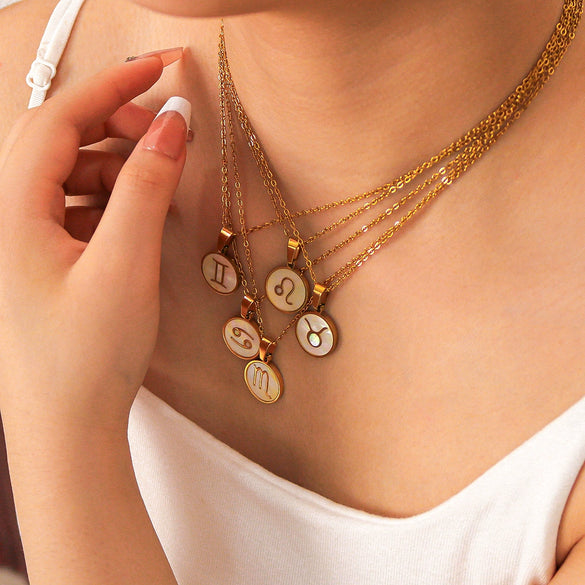 Wholesale Women's Retro Constellation Seashell Pendant Titanium Steel Necklace With 18K Vacuum Plating And Geometric Pattern