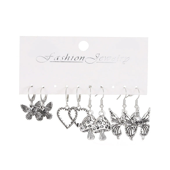 Wholesale Women's Retro Creative Alloy Love Butterfly Snake Sword Mushroom Earrings Set With Electroplating Design