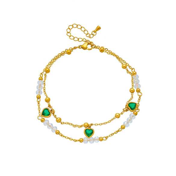 Wholesale Women's Retro Creative Double Layer Stacked Beaded Titanium Steel Anklet With Heart Shaped Love Pendant