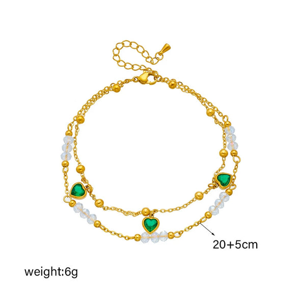 Wholesale Women's Retro Creative Double Layer Stacked Beaded Titanium Steel Anklet With Heart Shaped Love Pendant