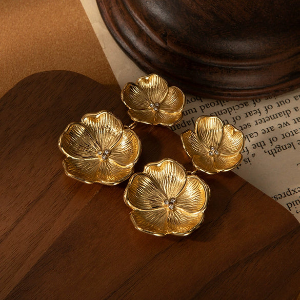 Wholesale Women's Retro Double Flower Titanium Steel Earrings 18K Gold Plated