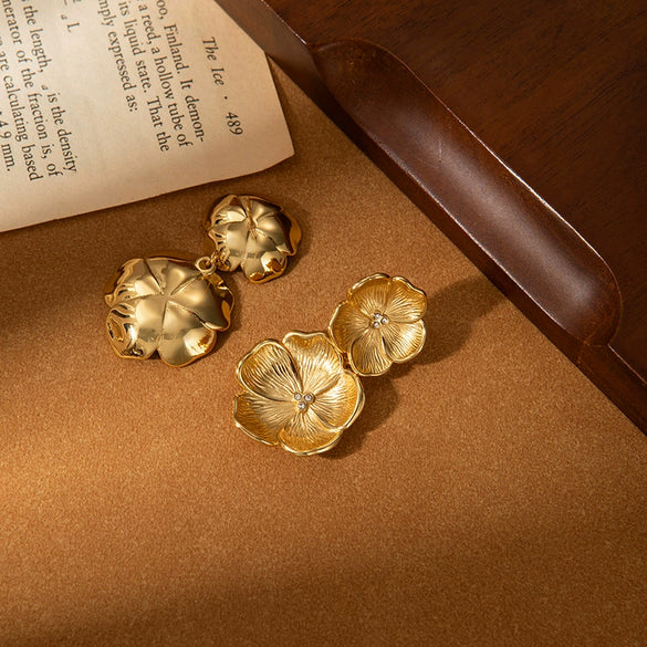Wholesale Women's Retro Double Flower Titanium Steel Earrings 18K Gold Plated