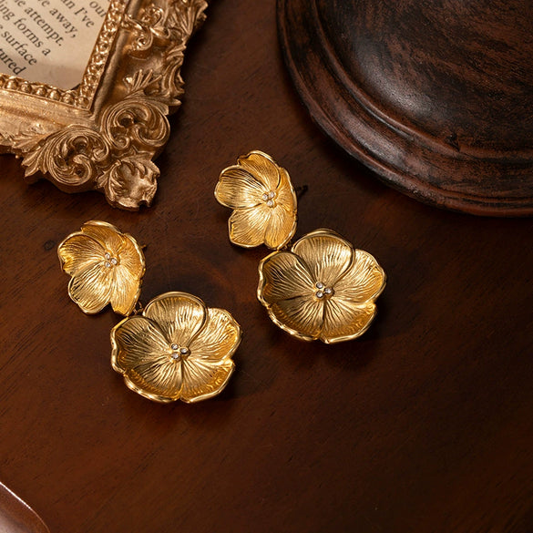 Wholesale Women's Retro Double Flower Titanium Steel Earrings 18K Gold Plated
