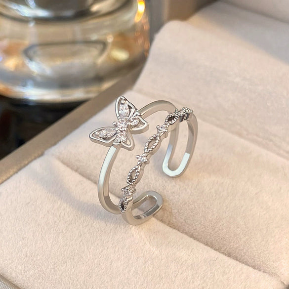 Wholesale Women's Retro Doublelayer Copper Ring With Microinlaid Zircon Butterfly Flap And Electroplating