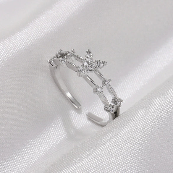 Wholesale Women's Retro Doublelayer Copper Ring With Microinlaid Zircon Butterfly Flap And Electroplating