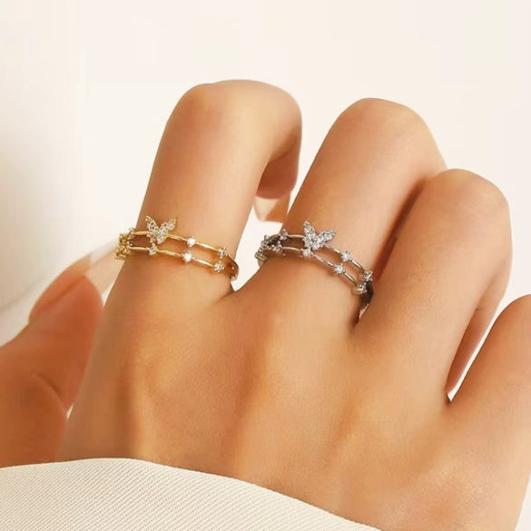 Wholesale Women's Retro Doublelayer Copper Ring With Microinlaid Zircon Butterfly Flap And Electroplating