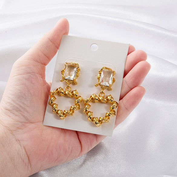 Wholesale Women's Retro Earrings Copper Rectangular And Peach Heart Shaped With Large Particle Zircon And Electroplating Process