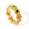 Wholesale Women's Retro Elegant 18K Gold Plated Stainless Steel Ring Set With Round Colorful Zircons