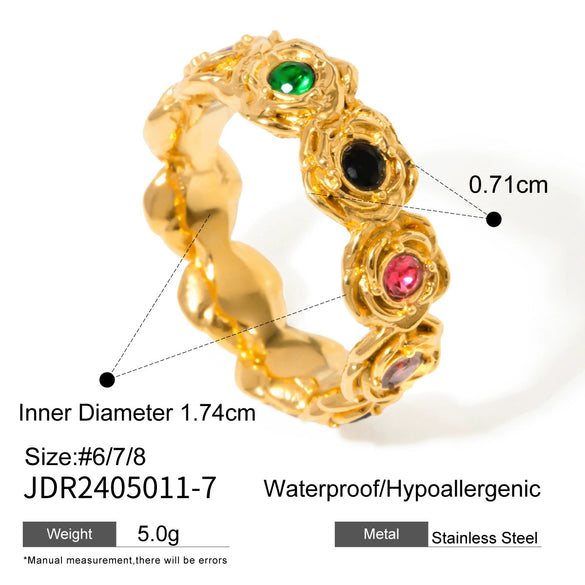 Wholesale Women's Retro Elegant 18K Gold Plated Stainless Steel Ring Set With Round Colorful Zircons