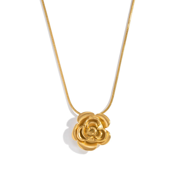 Wholesale Women's Retro Elegant 18K Real Gold Plated Stainless Steel Flower Shape Snake Chain Rose Pendant Necklace