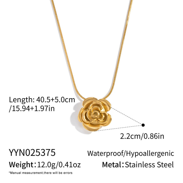 Wholesale Women's Retro Elegant 18K Real Gold Plated Stainless Steel Flower Shape Snake Chain Rose Pendant Necklace