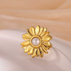 Wholesale Women's Retro Elegant Light Luxury Gold Plated Stainless Steel And Imitation Pearl Flower Ring
