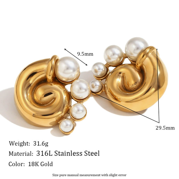 Wholesale Women's Retro Elegant Stainless Steel 18K Gold Plated Cast Threaded Swirl Pearl Geometric Earrings