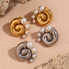 Wholesale Women's Retro Elegant Stainless Steel 18K Gold Plated Cast Threaded Swirl Pearl Geometric Earrings