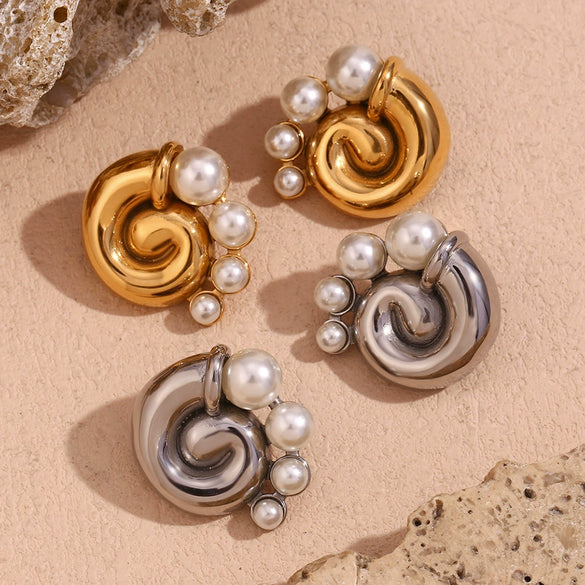 Wholesale Women's Retro Elegant Stainless Steel 18K Gold Plated Cast Threaded Swirl Pearl Geometric Earrings