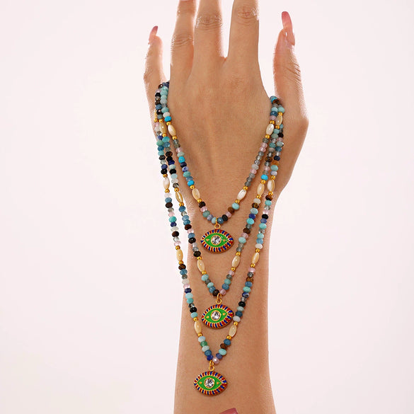 Wholesale Women's Retro Ethnic Style Natural Stone And Stainless Steel Beaded Necklace With Geometric Design And Electroplating Treatment
