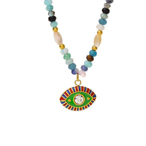 Wholesale Women's Retro Ethnic Style Natural Stone And Stainless Steel Beaded Necklace With Geometric Design And Electroplating Treatment