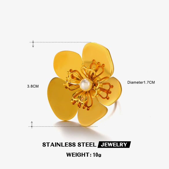 Wholesale Women's Retro Exaggerated Flower Ring Stainless Steel With Pearl Inlay And 18K Gold Plated