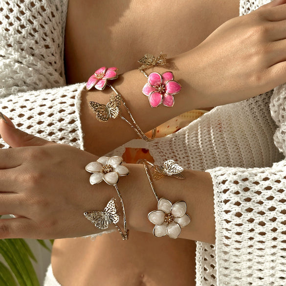 Wholesale Women's Retro Exaggerated Oildrip Flower Butterfly Alloy Bracelet Open Arm Ring Accessories