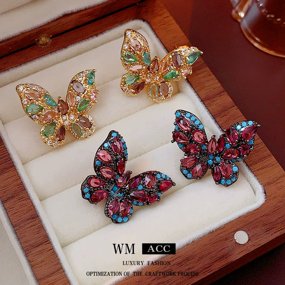 Wholesale Women's Retro Fashion Light Luxury Copper Earrings With Colorful Butterfly And Geometric Pattern And Electroplating Treatment