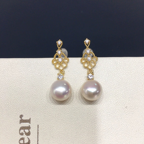Wholesale Women's Retro Fashion Natural Freshwater Pearl Stud Earrings With Alloy Inlaid Artificial And Semiprecious Stones Oblate And Flat Round Shape