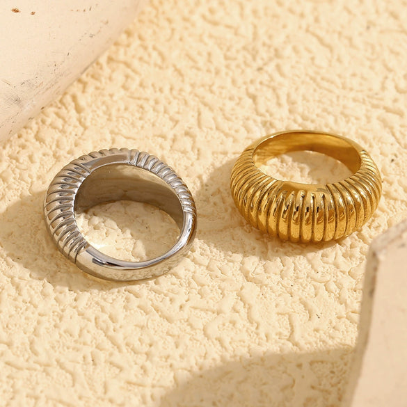 Wholesale Women's Retro Fashion Personality Jewelry Stainless Steel 18K Gold Plated Geometric Long Bread Ring
