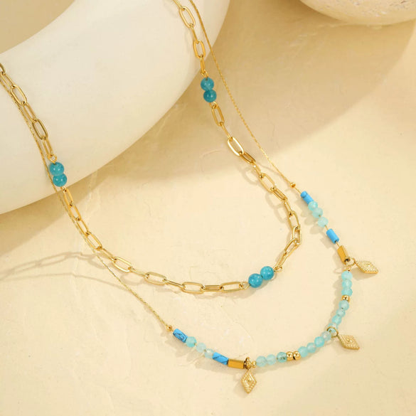 Wholesale Women's Retro Fashion Stainless Steel Geometric Beaded Double Clavicle Necklace With Electroplating Design
