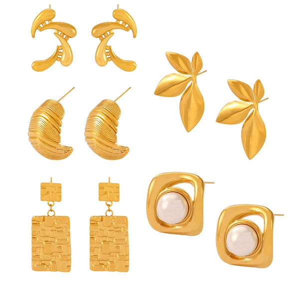 Wholesale Women's Retro Geometric Imitation Pearl Inlaid 316L Stainless Steel Goldplated Earrings