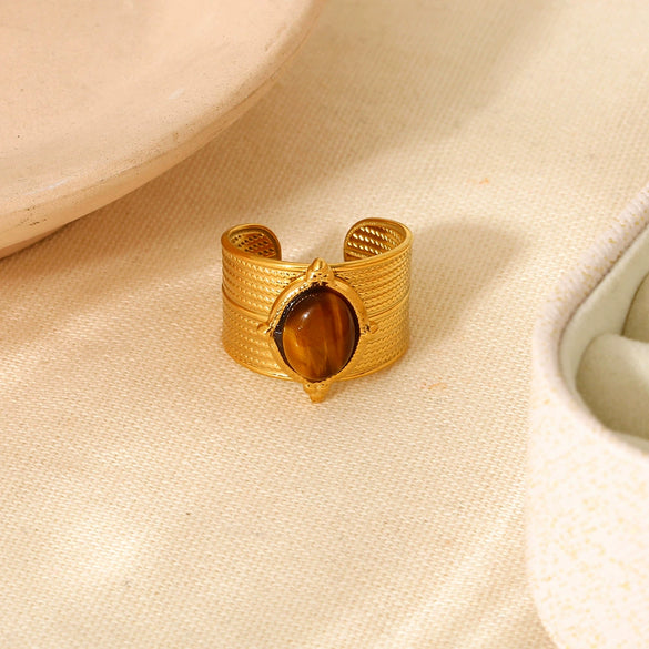 Wholesale Women's Retro Geometric 18K Gold Electroplated Stainless Steel Wide Opening Waterproof Ring