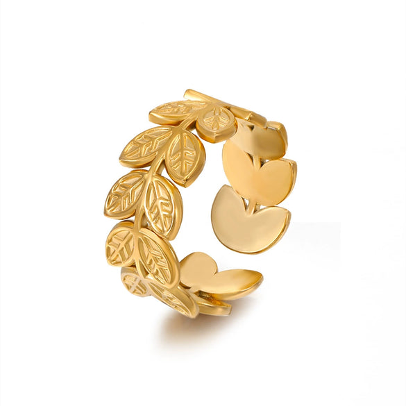 Wholesale Women's Retro Geometric Leaf Stainless Steel Ring With Real Gold Plating