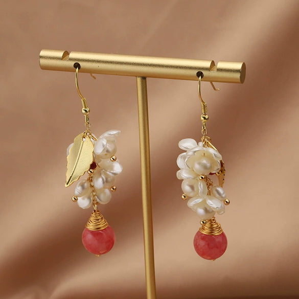 Wholesale Women's Retro Geometric Natural Pearl Electroplated Earrings With Baroque Flower And Watermelon Red Crystal Single Bead Design