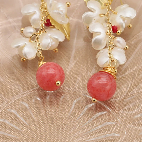 Wholesale Women's Retro Geometric Natural Pearl Electroplated Earrings With Baroque Flower And Watermelon Red Crystal Single Bead Design