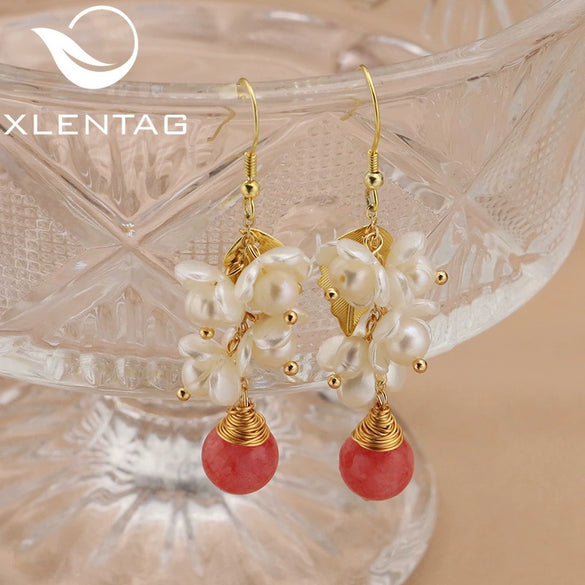 Wholesale Women's Retro Geometric Natural Pearl Electroplated Earrings With Baroque Flower And Watermelon Red Crystal Single Bead Design