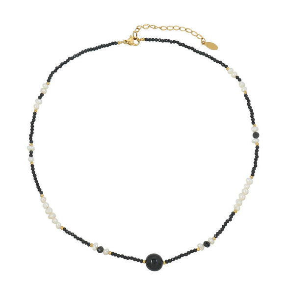 Wholesale Women's Retro Geometric Natural Stone Black Agate Handmade Beaded Necklace And Multilayer Stacked Chain Set