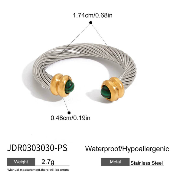 Wholesale Women's Retro Geometric Natural Stone Green Malachite Inlaid Stainless Steel Ribbed Bracelet With Electroplating