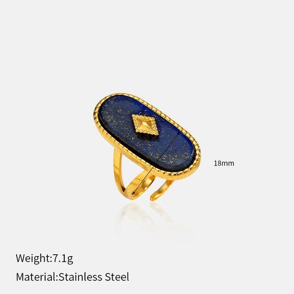 Wholesale Women's Retro Geometric Open Ring Electroplated 18K Gold Lapis Lazuli Titanium Steel Jewelry