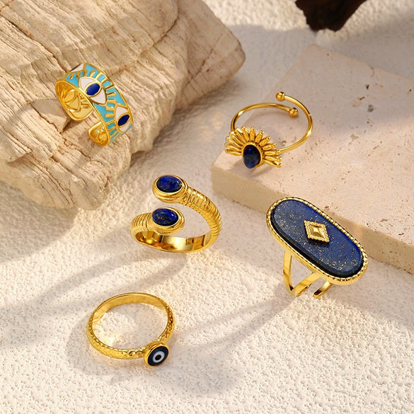 Wholesale Women's Retro Geometric Open Ring Electroplated 18K Gold Lapis Lazuli Titanium Steel Jewelry