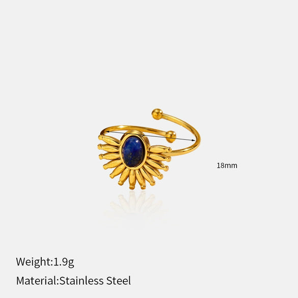 Wholesale Women's Retro Geometric Open Ring Electroplated 18K Gold Lapis Lazuli Titanium Steel Jewelry