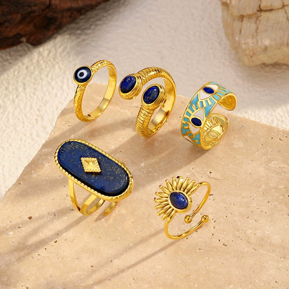 Wholesale Women's Retro Geometric Open Ring Electroplated 18K Gold Lapis Lazuli Titanium Steel Jewelry